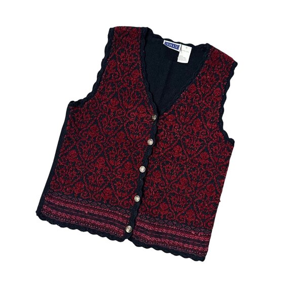 Erika & Co. Tops - Vintage Vest 1990s Chenille Knit Black Red Button Up Scalloped Edges Small Korea